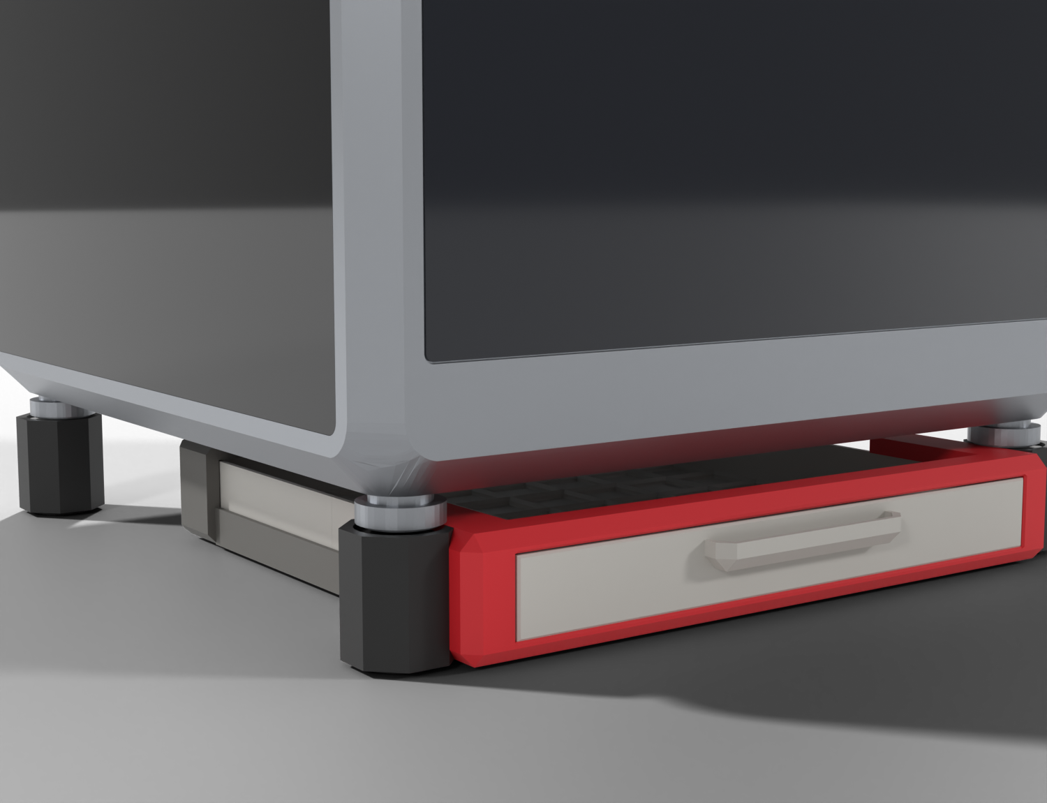 A Gridfinity drawer tucks under the printer, which rests on the stand's feet.