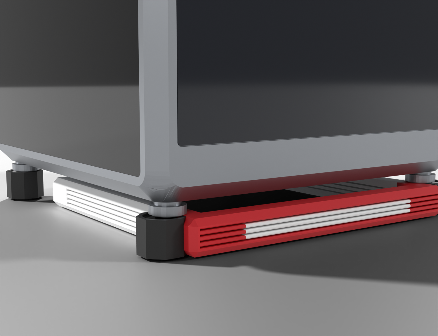 Build plates store in the rack beneath the printer, which rests on the stand's feet.