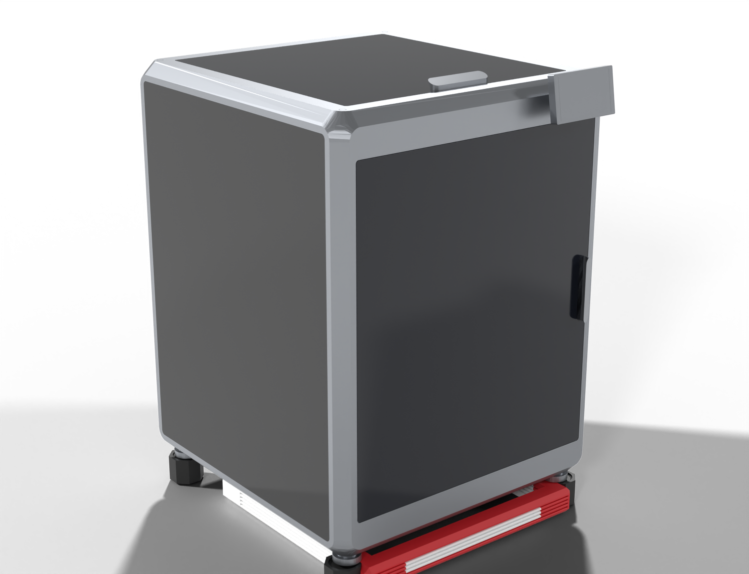 The stand lifts the whole printer, with build plates stored below.