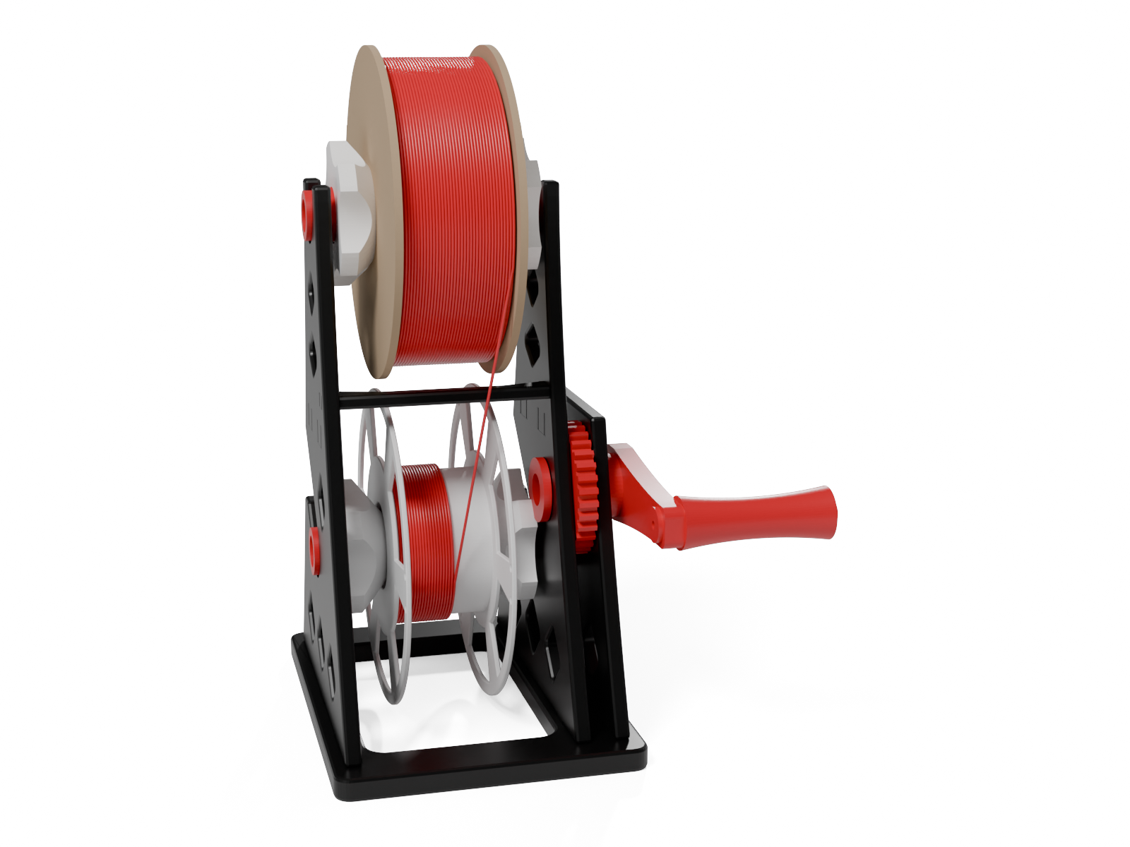 Mid-rescue render: filament runs off a cardboard spool in the tower and onto a printed Filament Spool below